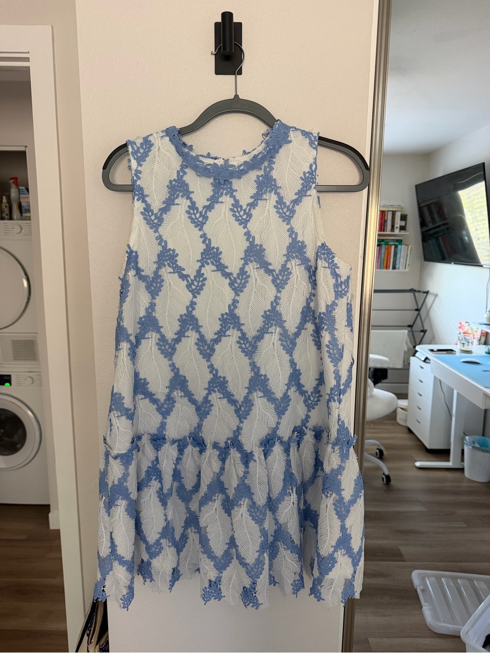 Just Me White Dress with Powder Blue Lace Overlay